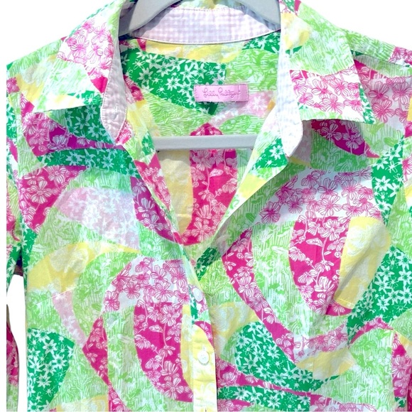 Lilly Pulitzer Button Down Blouse Jonni Wing Ding Floral Patch XS Womens Pink - Picture 3 of 9